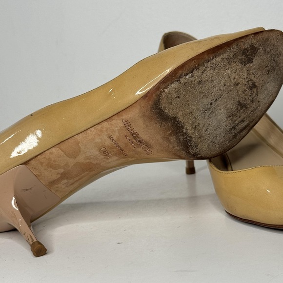 Jimmy Choo Shoes Womens Size 8 EU 38.5 Nude Patent Peep Toe Pumps Made Italy - Picture 6 of 14